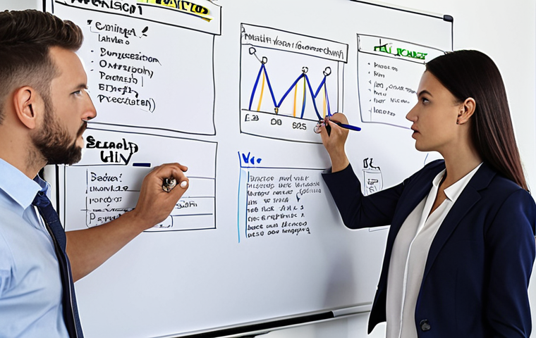 ** A startup team analyzing risk management strategies on a whiteboard, focusing on competitor analysis and financial projections. The atmosphere is collaborative and detail-oriented.

**